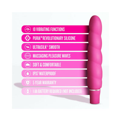 Pink silicone vibrator with spiral design and features list highlighting 10 vibration modes, waterproof, and battery powered.