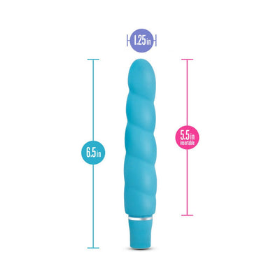 Blue spiral silicone vibrator with measurements showing 6.5 inches total length and 5.5 inches insertable length.
