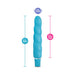 Blue spiral silicone vibrator with measurements showing 6.5 inches total length and 5.5 inches insertable length.