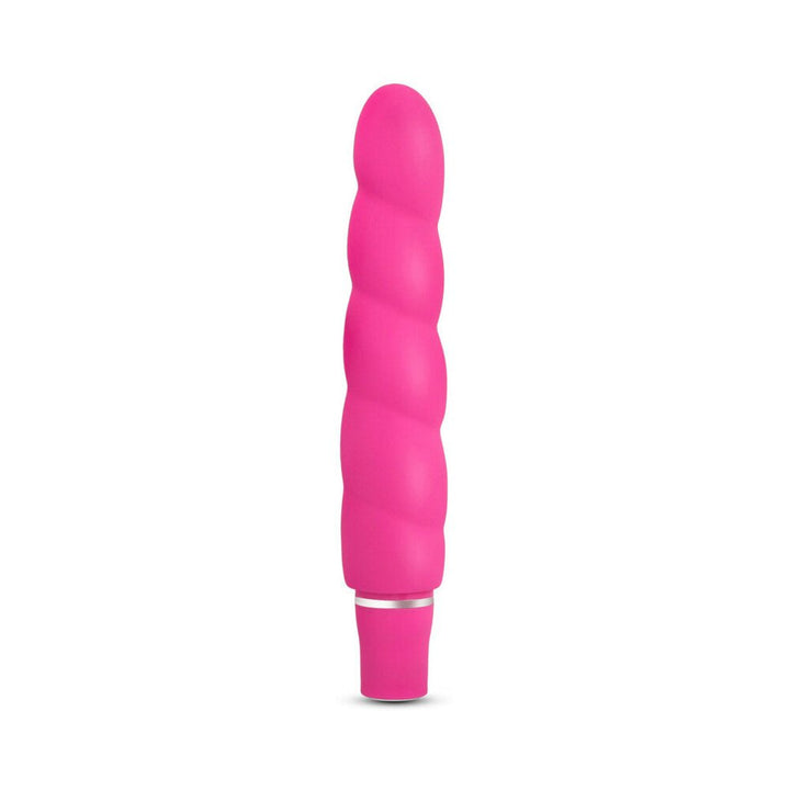 Pink spiral-textured silicone vibrator with a smooth satin finish and silver accent base.