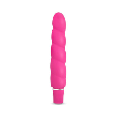 Pink spiral-textured silicone vibrator with a smooth satin finish and silver accent base.
