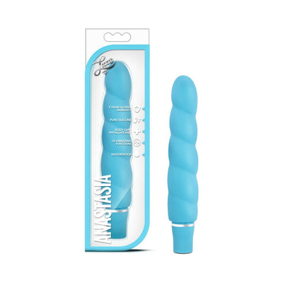 Blue spiral silicone vibrator with satin finish next to its clear display box packaging labeled Anastasia.