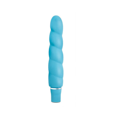 Blue silicone vibrator with spiral texture and rounded tip, featuring a silver accent near the base.