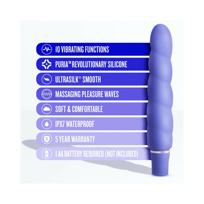 Purple silicone vibrator with spiral design and text highlighting 10 vibration modes, waterproof, and 5-year warranty features.