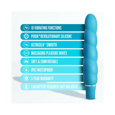 Blue silicone vibrator with spiral design and text highlighting 10 vibrating functions, waterproof, and 5-year warranty features.