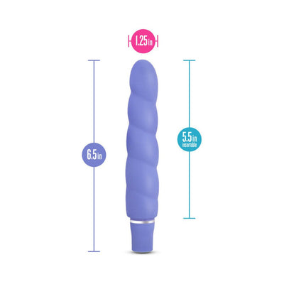 Purple silicone vibrator with spiral design, measuring 6.5 inches long and 1.25 inches wide, with 5.5 inches insertable length.