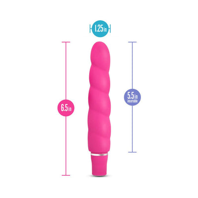 Pink silicone vibrator with spiral design, measuring 6.5 inches long and 1.25 inches wide, with 5.5 inches insertable length.