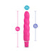 Pink silicone vibrator with spiral design, measuring 6.5 inches long and 1.25 inches wide, with 5.5 inches insertable length.