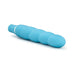 Blue silicone vibrator with a smooth spiral design and rounded tip, featuring a white accent near the base.