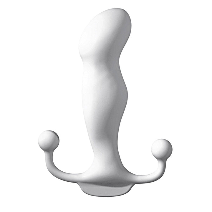 White ergonomic prostate massager with dual rounded handles and smooth curved design.