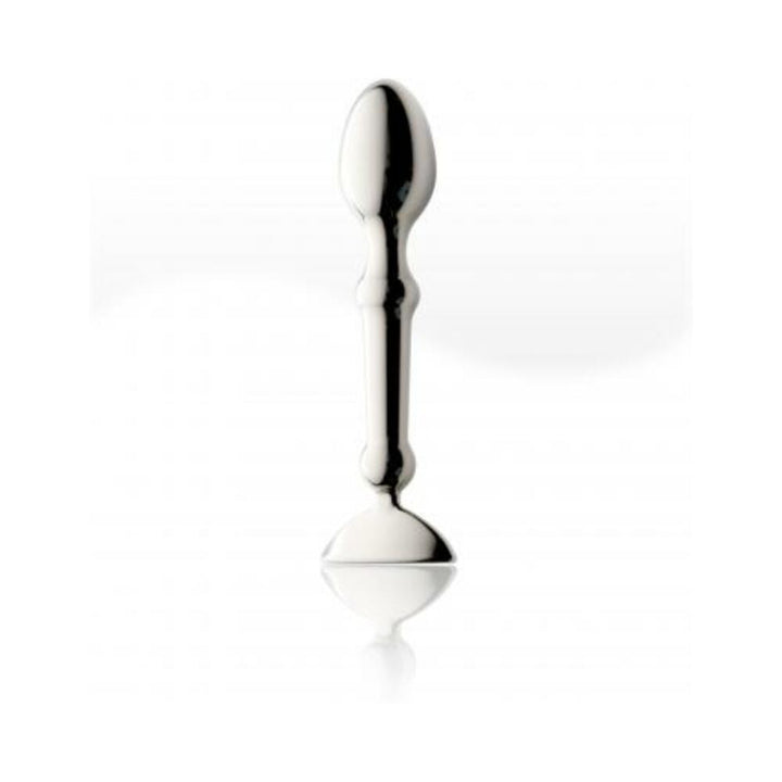 Sleek stainless steel Aneros Tempo massager with ergonomic shape and smooth reflective surface standing upright on white background.