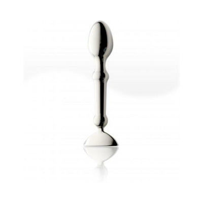 Sleek stainless steel Aneros Tempo massager with ergonomic shape and smooth reflective surface standing upright on white background.