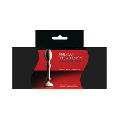 Aneros Tempo stainless steel unisex anal stimulator in black and red packaging with product image and branding.