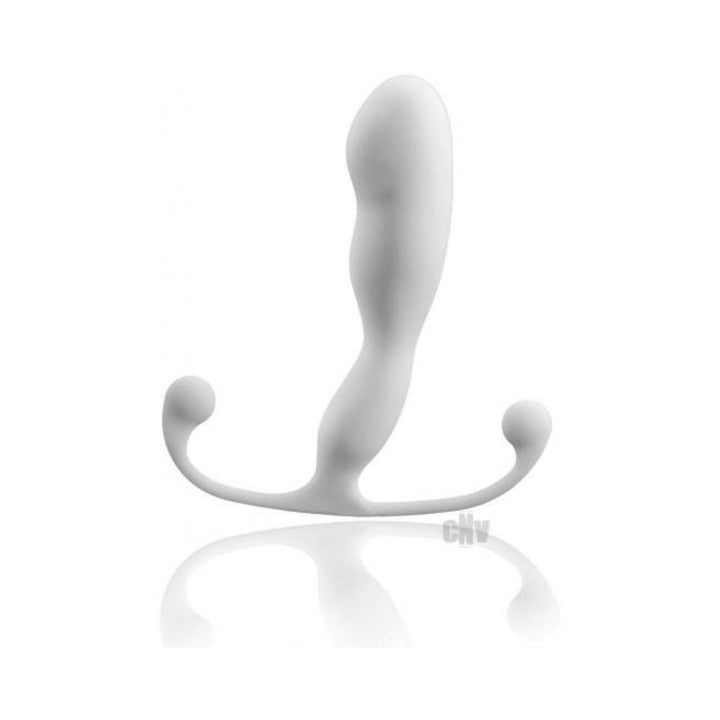 White Aneros Trident Series Helix prostate stimulator with curved ergonomic design and dual external handles.