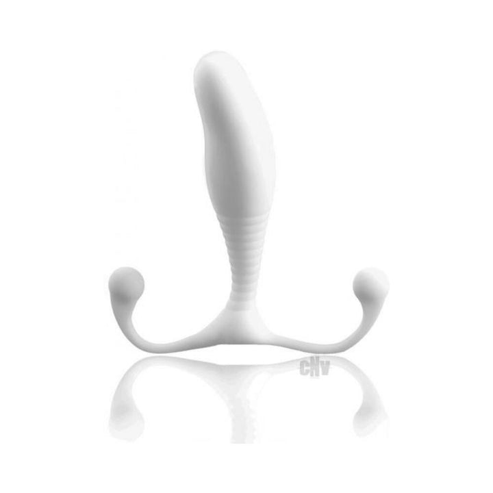 White Aneros Trident Series prostate stimulator with curved design and dual external arms on reflective surface.