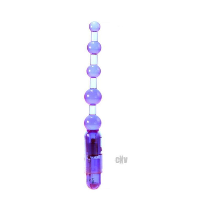Purple flexible vibrating anal beads with graduated round shapes and a removable motor base.