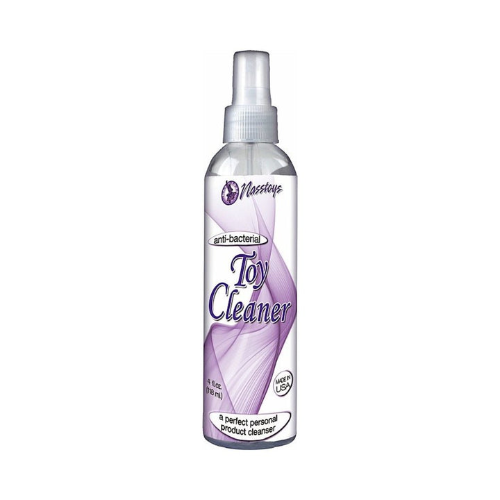 4oz clear spray bottle of anti-bacterial toy cleaner with purple label and white cap