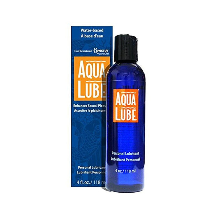 Blue 4 oz bottle of Aqua Lube water-based personal lubricant with matching box packaging.