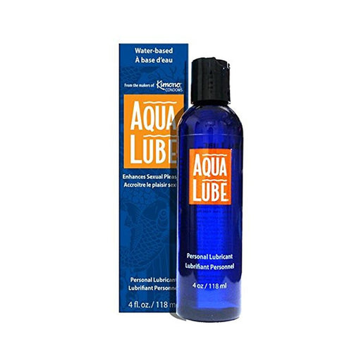 Blue 4 oz bottle of Aqua Lube water-based personal lubricant with matching box packaging.