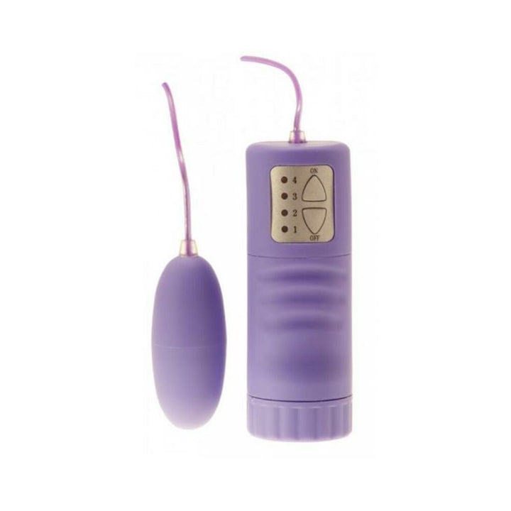 Purple vibrating egg with remote control and flexible cord on white background.