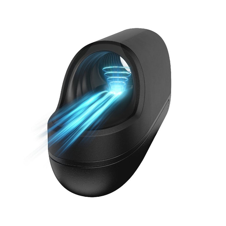Black Arcwave Ion Pleasure Air Masturbator with blue light effect illustrating pulsating airwave stimulation inside.