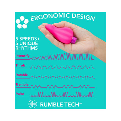 Hand holding a small ergonomic fuchsia vibrator with 5 speeds and 5 unique vibration rhythms illustrated on a turquoise background.