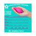 Hand holding a small ergonomic fuchsia vibrator with 5 speeds and 5 unique vibration rhythms illustrated on a turquoise background.
