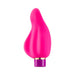 Bright fuchsia curved silicone vibrator with smooth texture and purple gold-accented base.
