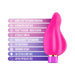 Bright fuchsia curved vibrator with ergonomic design and key features listed including 10 vibration functions and waterproof rating.