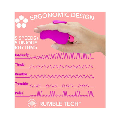 Hand holding a plum-colored ergonomic finger vibrator with 5 speeds and 5 unique vibration rhythms displayed on a pink background.