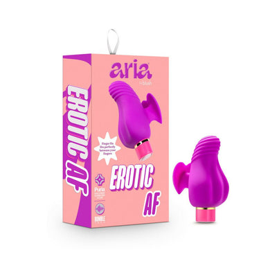 Purple Aria Erotic AF finger vibrator with ribbed design and heart-shaped finger fin next to its pink and purple packaging box.