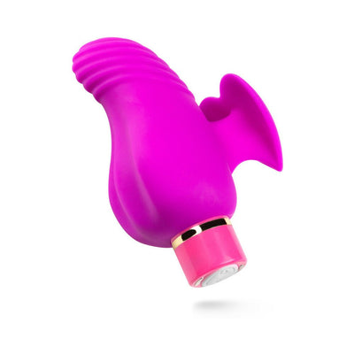 Plum-colored finger vibrator with ribbed head and heart-shaped finger fin, featuring smooth silicone and a pink control base.