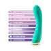 Teal curved vibrator with gold base and icons highlighting features like 7 vibration modes, waterproof, USB charging, and body-safe silicone.