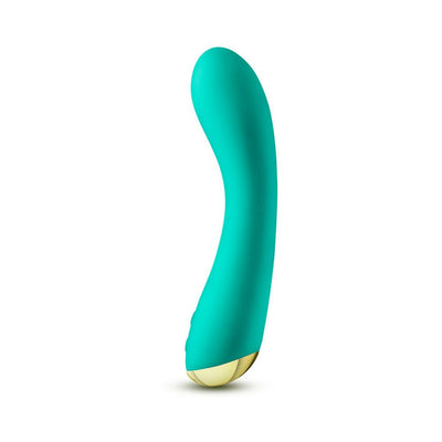 Teal curved vibrator with gold base, designed for G-spot stimulation, made of smooth silicone with ergonomic shape.