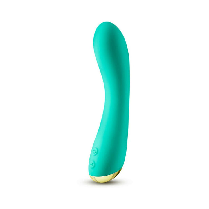 Teal curved vibrator with smooth silicone finish and gold accent base, featuring two control buttons.