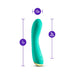 Teal curved vibrator with gold base showing dimensions 7 inches long, 5 inches insertable, and 1.5 inches wide.