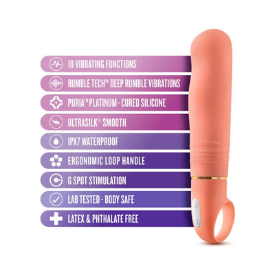 Coral-colored Aria Smokin' AF vibrator with ergonomic loop handle and key features listed alongside on purple gradient background.