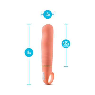 Coral-colored Aria Smokin' AF vibrator with dimensions and ergonomic loop handle shown on white background.