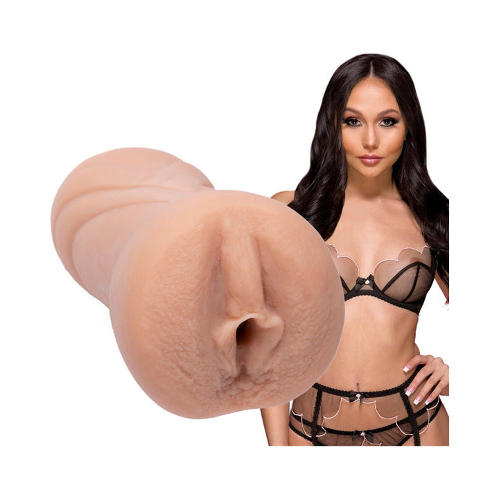 Ariana Marie Pocket Pussy with realistic texture shown alongside model in black lingerie.