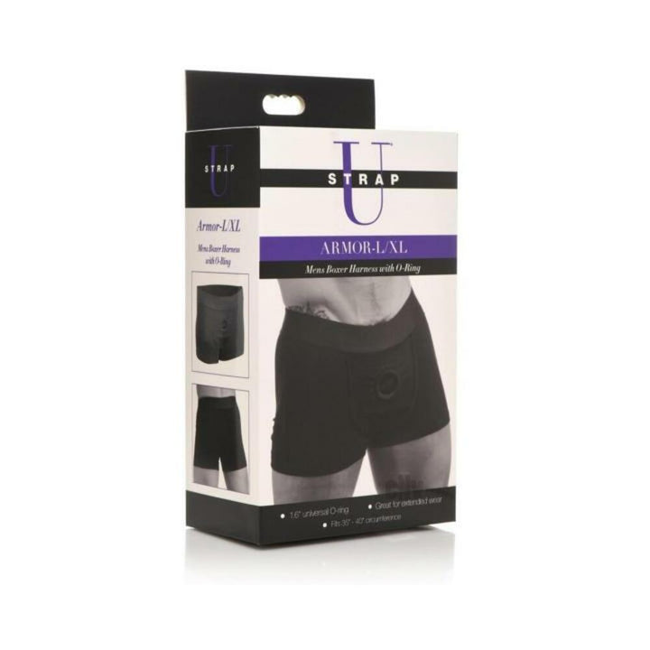 Packaging box for Armor Mens Boxer Harness with O-ring in black, size L-XL, showing product images and features.