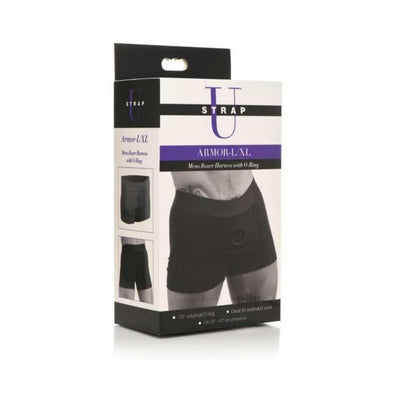 Packaging box for Armor Mens Boxer Harness with O-ring in black, size L-XL, showing product images and features.