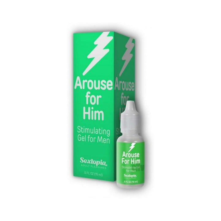 Arouse For Him stimulating gel for men in a green 0.5oz bottle with matching box packaging.