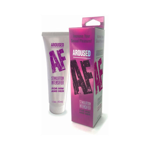 Aroused AF Stimulation Intensifier gel tube and pink packaging designed for him and her, 1.5 oz size.