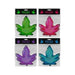Set of four colorful potleaf-shaped ashtrays in green, pink, purple, and blue, each in clear packaging.