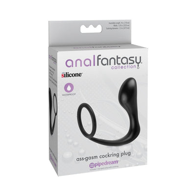 Packaging of Anal Fantasy Collection Ass Gasm Cockring Plug in black silicone, waterproof and phthalate-free design.