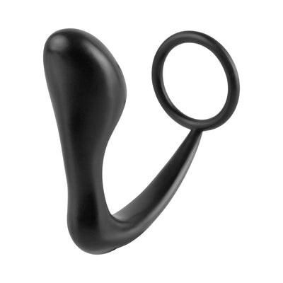 Black silicone anal plug with attached cockring designed for prostate stimulation and erection support.