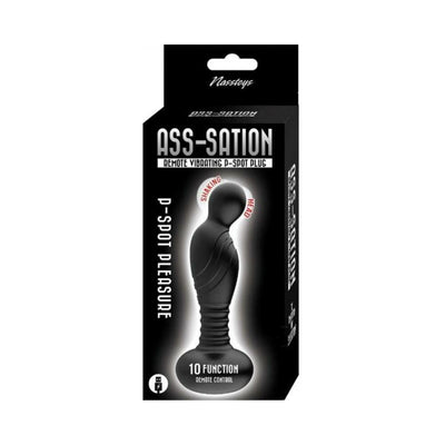 Black remote-controlled vibrating P-spot plug with textured shaft and rounded base in branded Nasstoys packaging.