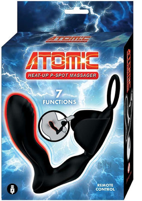 Packaging of Atomic Heat Up P-spot Massager in black with remote control and 7 vibration functions shown.