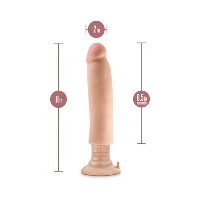 Beige 11-inch realistic vibrating dong with suction cup base and size measurements shown on white background.