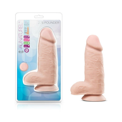 Vanilla-colored realistic dildo with suction cup base shown in packaging and standalone on white background.